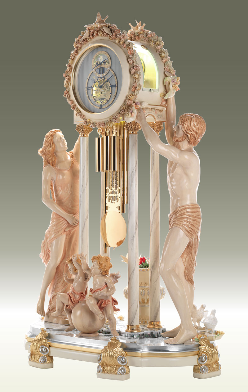 Curio Grandfather clock Art.568/2 Double face clock, Title: Time s Allegory, Rappresentation of Greek Mitology, Helios and Selene, respective the sun god and the goddess of the moon
